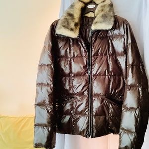 Strindberg jacket quilted brown Sz 44 zip front zip off faux fur collar